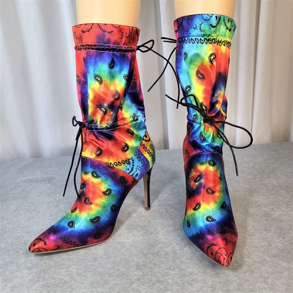 * Mata Bold Tie Dye Drawstring 4" Stiletto High Heel Mid Calf Boots - Picture 2 of 11